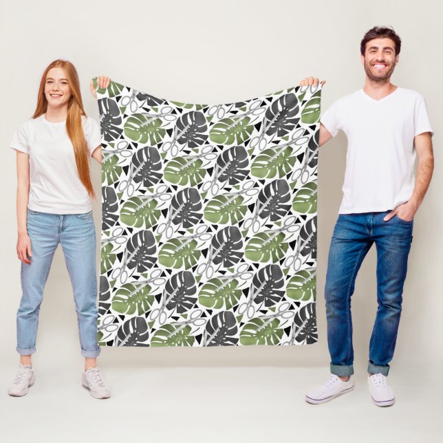 Couverture Polaire Tropical print monstera leaves scissors jungle exo (En situation)