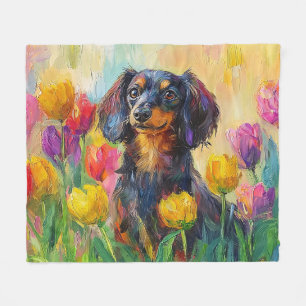 Couverture Polaire Tulipes colorées Dachshund mignonne Peinture