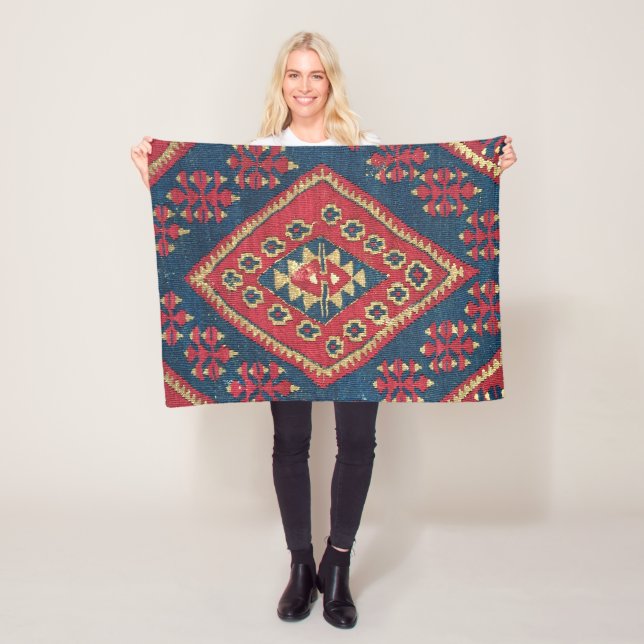 Couverture Polaire Turc Kilim Tapis tapis Antique Rouge Bleu (En situation)