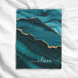 Couverture Polaire Turquoise Aqua Blue Green Agate Geode Gold Monogra