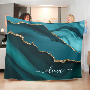 Couverture Polaire Turquoise Aqua Blue Green Agate Geode Gold Monogra