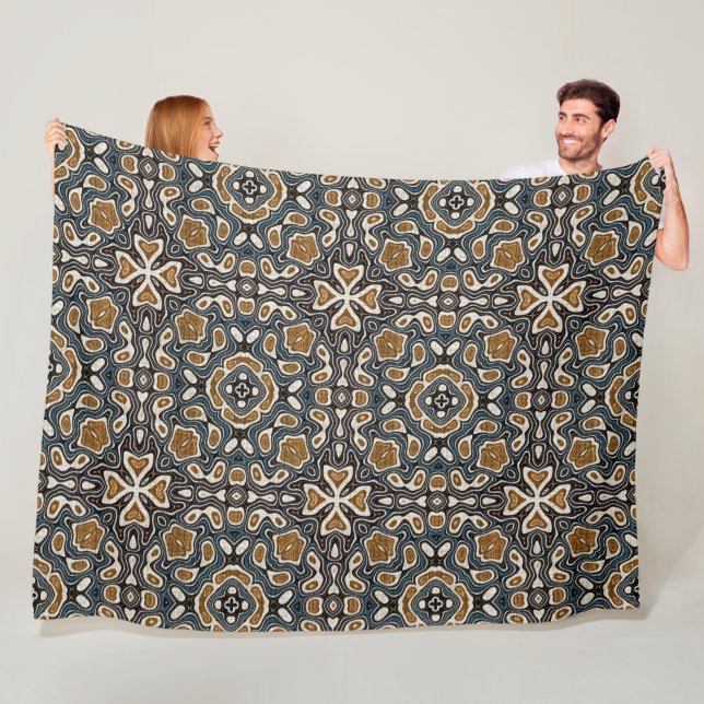 Couverture Polaire Turquoise Bleu ocre Brown Beige Bohème Tribu Art (En situation)