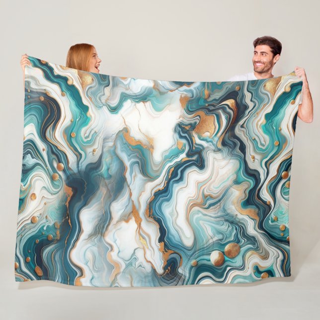 Couverture Polaire Turquoise Bleu Or Blanc Marbre moderne Agate (En situation)