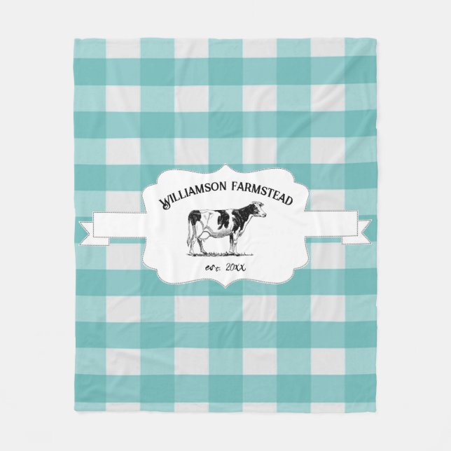 Couverture Polaire Turquoise Buffalo Plaid Farm Cow Fleece Blanche (Devant)
