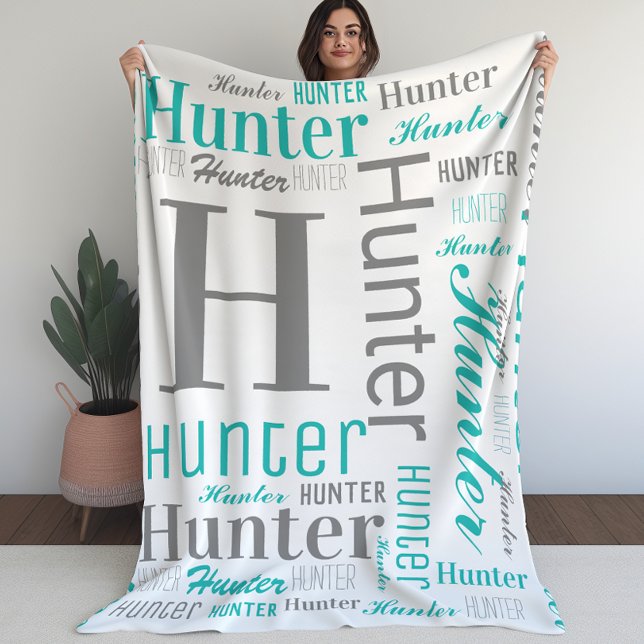 Couverture Polaire Turquoise et gris Nom et Monogramme Cloud Word Art (Teal and Gray Name and Monogram Cloud Word Art Fleece Blanket)