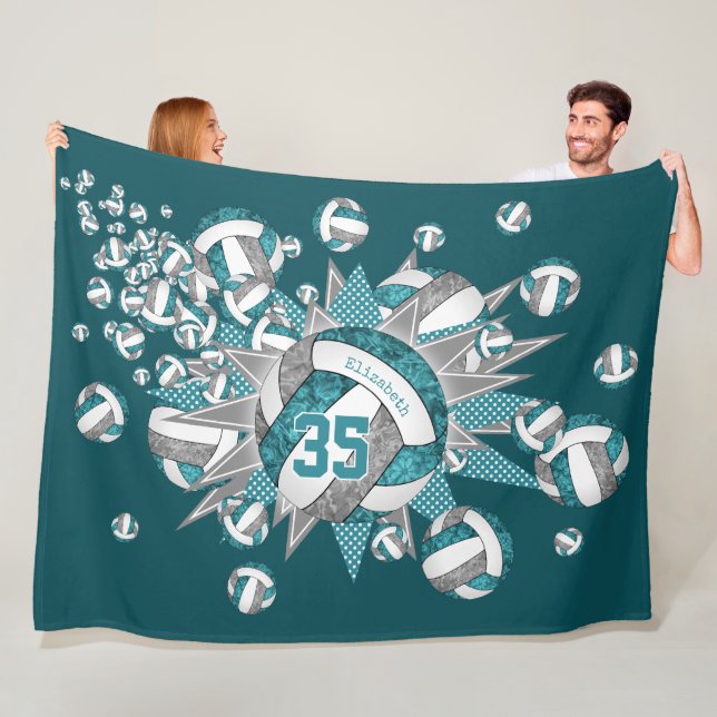 Couverture Polaire turquoise gris volley-ball soufflé filles salle de (En situation)