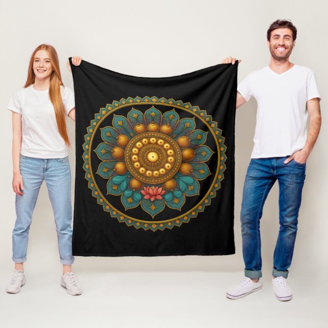 Couverture Polaire Turquoise Lotus Mandala - Black Boho Graphic Art (En situation)