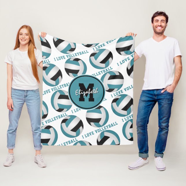 Couverture Polaire turquoise noir J'aime volleyball texte motif (En situation)