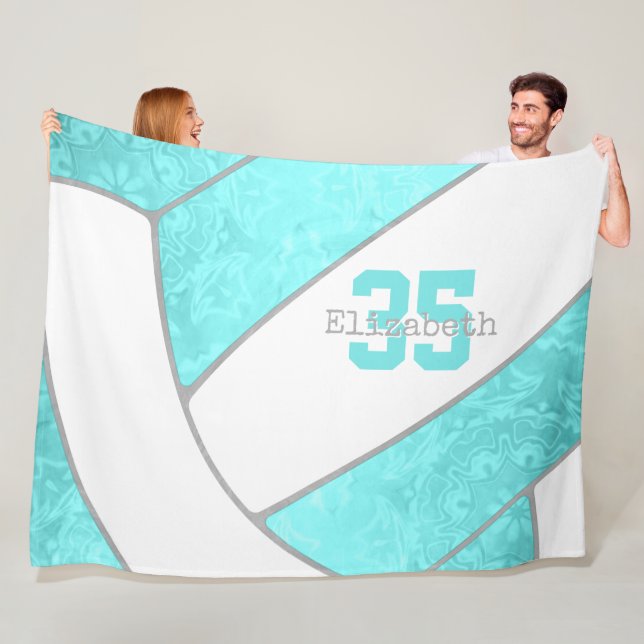 Couverture Polaire turquoise vive fille volleyball blanc nom personna (En situation)