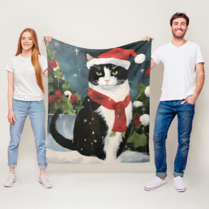 Couverture Polaire Tuxedo Chat en Noël de neige