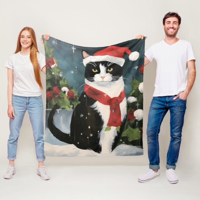 Couverture Polaire Tuxedo Chat en Noël de neige (En situation)