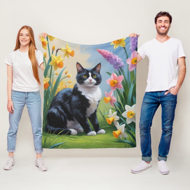 Couverture Polaire Tuxedo Chat Fleurs de Printemps Peinture (En situation)