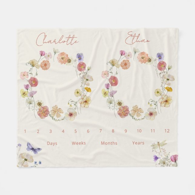 Couverture Polaire Twins Growth Tracker Aquarelle Florale Nouveau-né (Devant (Horizontal))