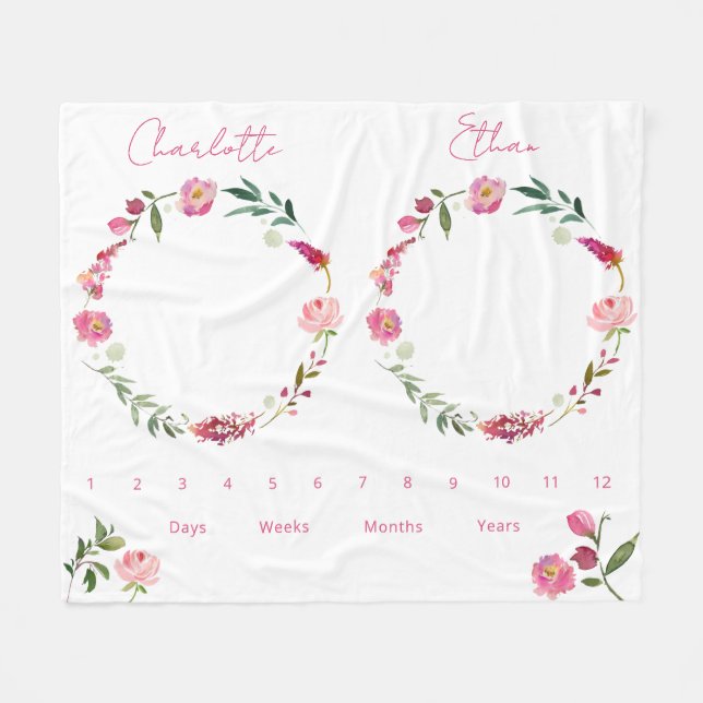 Couverture Polaire Twins Growth Tracker Aquarelle Florale Nouveau-né (Devant (Horizontal))
