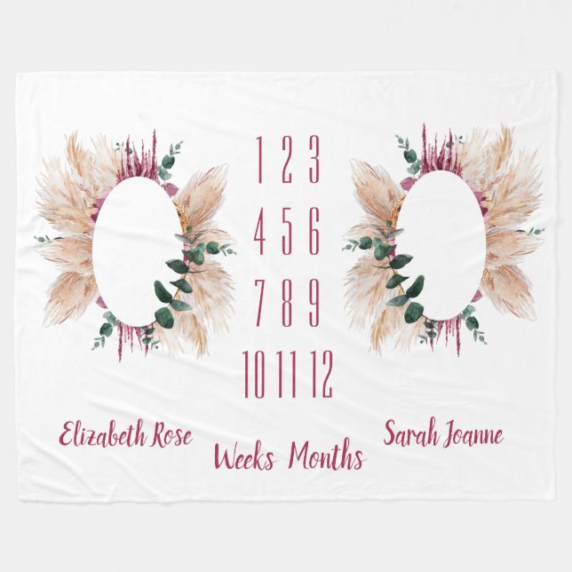 Couverture Polaire Twins Milestone Baby Blanket Pampas & Eucalyptus (Devant (Horizontal))