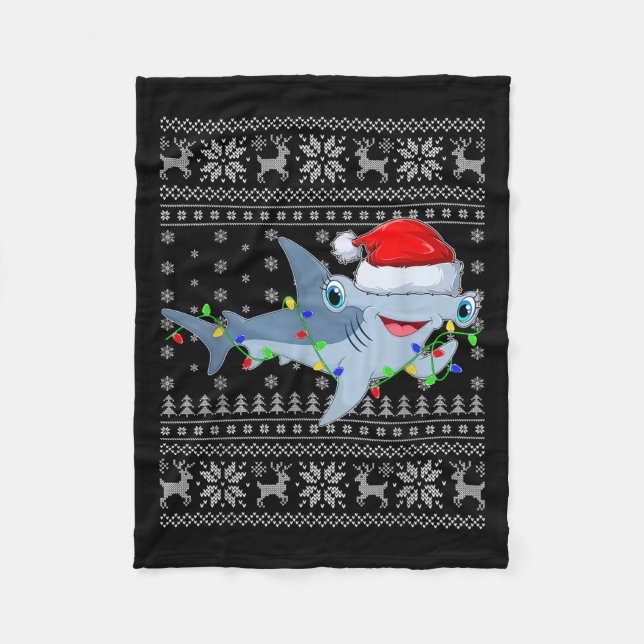 Couverture Polaire Ugly Sweater Xmas Lights Santa Hammerhead Shark Ch (Devant)
