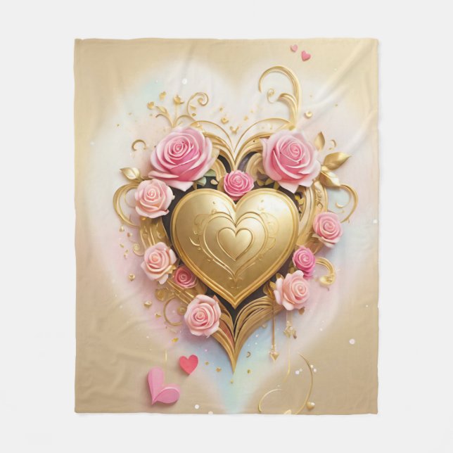 Couverture Polaire Un coeur doré entouré de roses roses délicates (Devant)