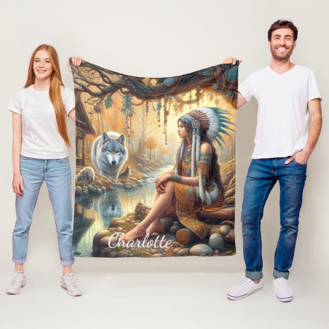 Couverture Polaire Une amérindienne autochtone et un loup près d'une  (En situation)