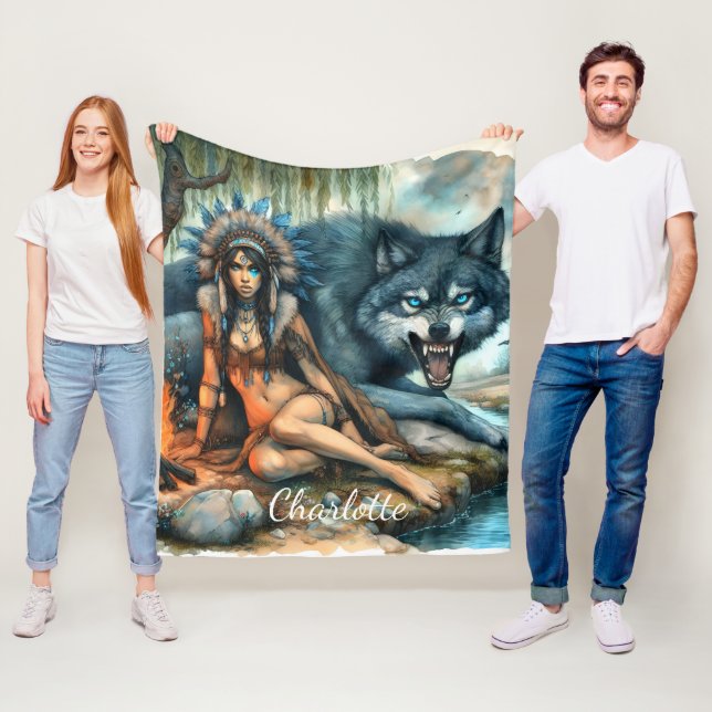 Couverture Polaire Une femme indienne et son ami loup fort (En situation)