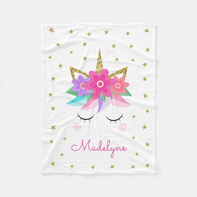 Couverture Polaire Unicorn Flowers Parties scintillant d'or Personnal (Devant)