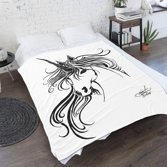 Couverture Polaire Unicorne d'encre noire tribale (Créateur téléchargé)
