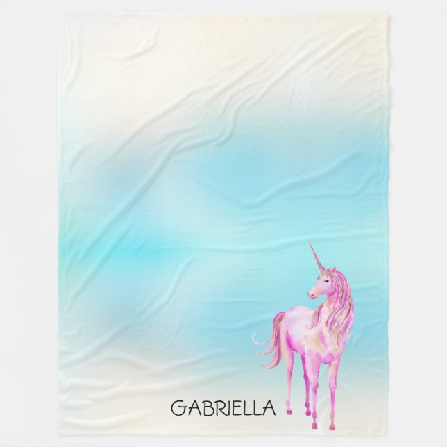 Couverture Polaire Unicorne rose Nom personnalisé (Devant)
