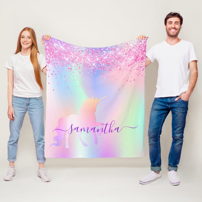 Couverture Polaire Unicorne rose rose violet script de nom (En situation)