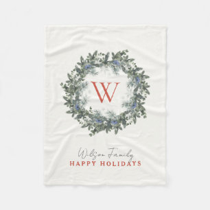 Couverture Polaire Vacances de Noël Monogram Green Wreath