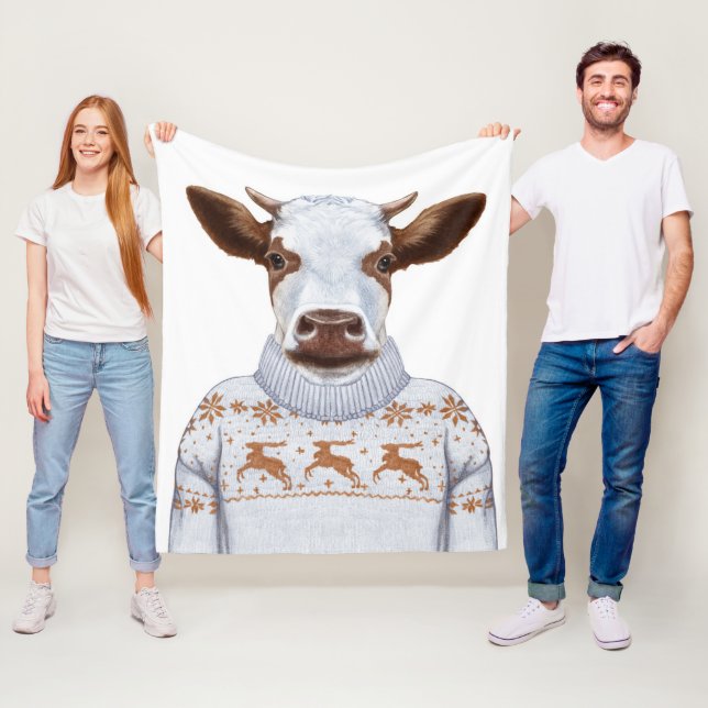 Couverture Polaire Vache à chandail de Noël (En situation)