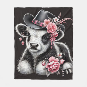Couverture Polaire Vache bébé dans un Casquette élégant orné de fleur