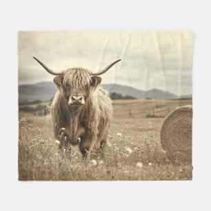 Couverture Polaire Vache de Highland dans un champ de foin Vintage