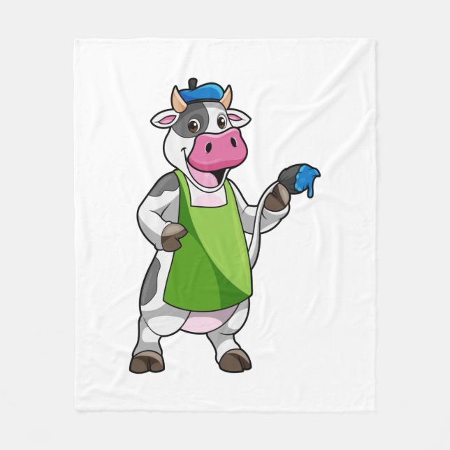 Couverture Polaire Vache en peintre avec peinture et tablier (Devant)