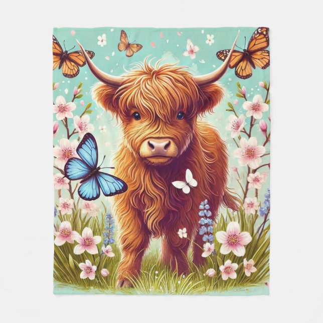 Couverture Polaire Vache Highland avec papillons et fleurs printanièr (Devant)