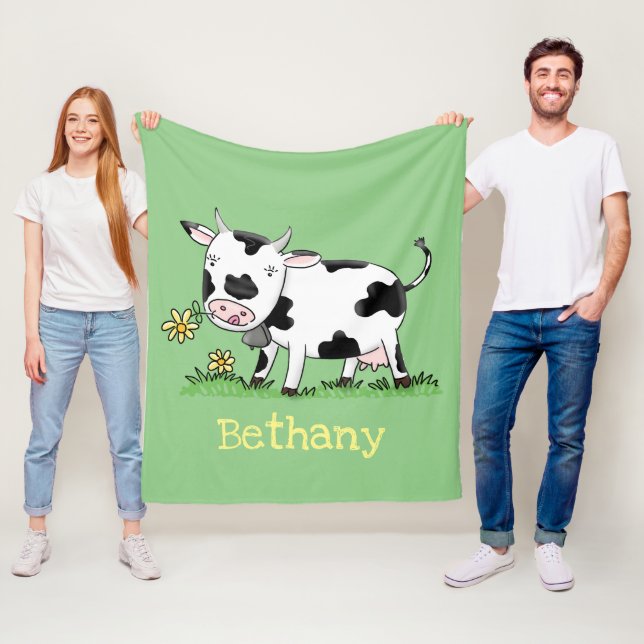 Couverture Polaire Vache mignonne en vert dessin animé sur le terrain (En situation)