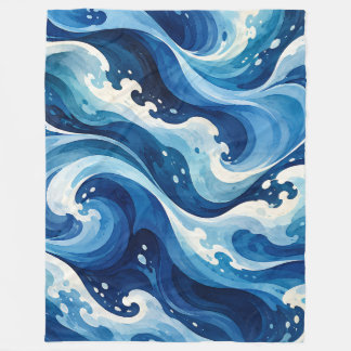 Couverture Polaire Vagues d'océan bleu fluides Art côtier à l'aquarel