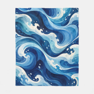 Couverture Polaire Vagues d'océan bleu fluides Art côtier à l'aquarel