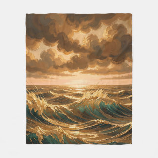 Couverture Polaire Vagues océaniques dorées dramatiques
