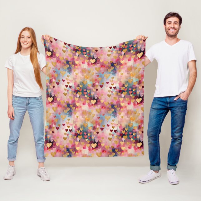 Couverture Polaire Valentine's Day Abstract Gold Color Hearts (En situation)