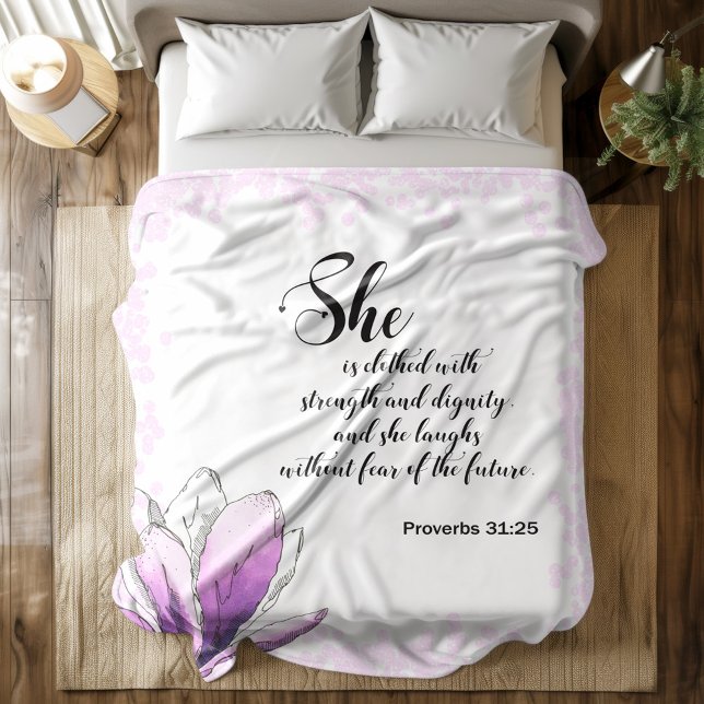 Couverture Polaire Verset Bible Rustique Rose floral Fleece Blanche (Créateur téléchargé)