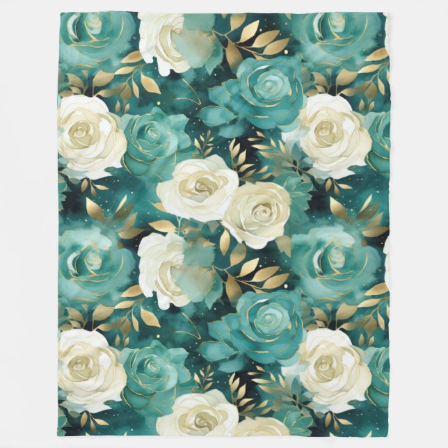 Couverture Polaire Vert blanc or Rose Floral (Devant)