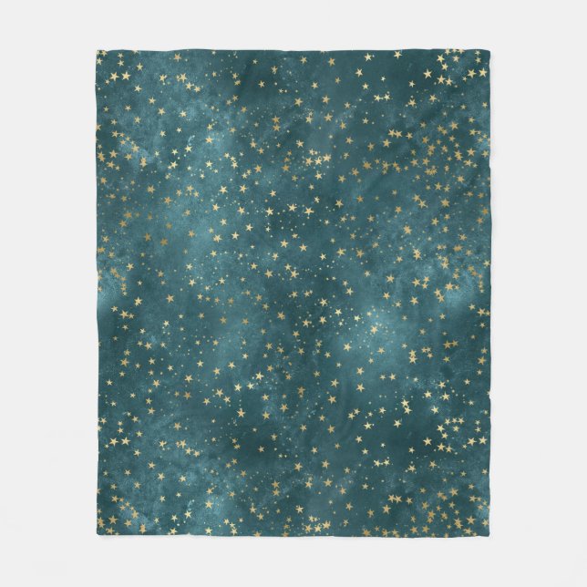Couverture Polaire Vert bleu nuit ciel turquoise or étoile motif (Devant)