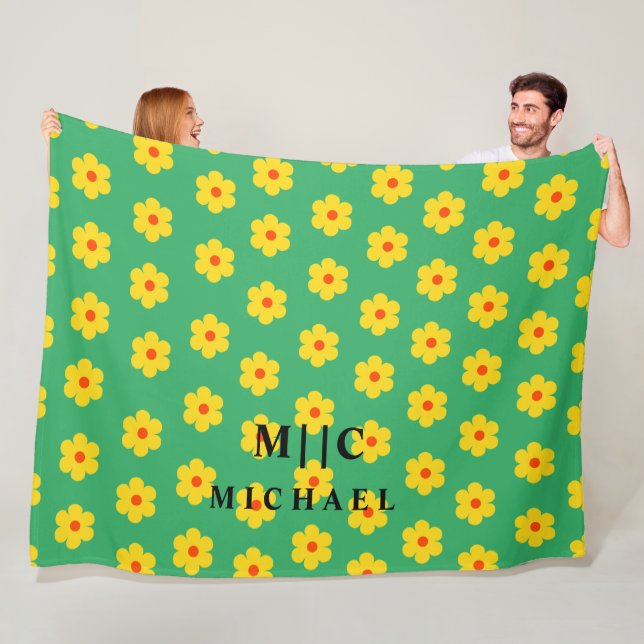 Couverture Polaire Vert moderne monogramme rétro floral (En situation)