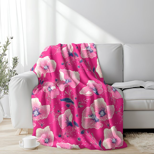 Couverture Polaire Vibrant Floral Pattern in Pink, White & Royal Blue (Créateur téléchargé)