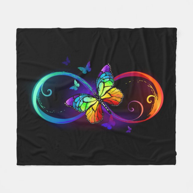 Couverture Polaire Vibrant infinity with rainbow butterfly on black (Devant (Horizontal))