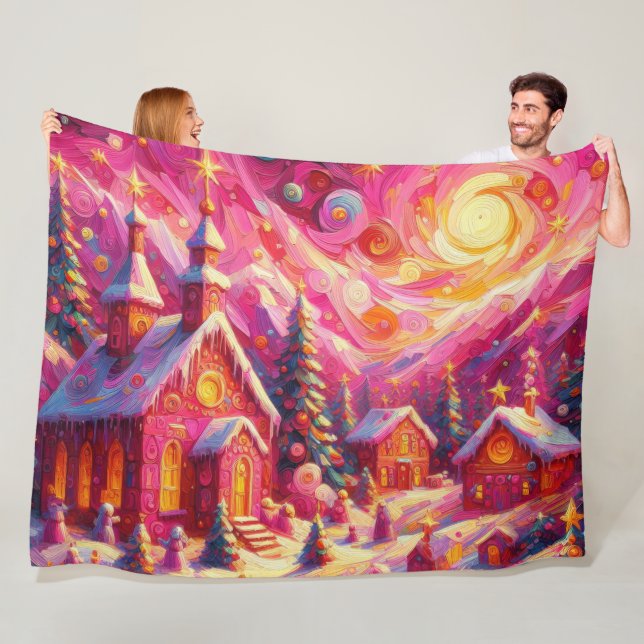 Couverture Polaire Village Hot Rose Maison de Noël Motifs vacances (En situation)