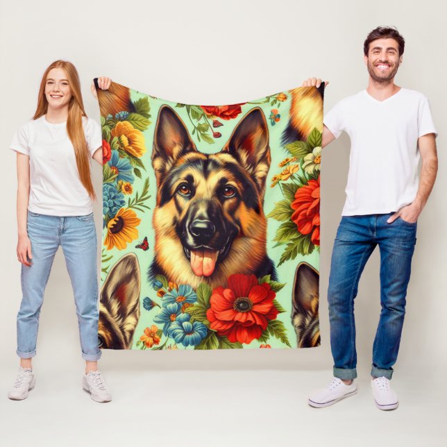 Couverture Polaire Vintage berger allemand floral (En situation)