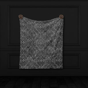 Couverture Polaire Vintage Fleur de Lis Black Silver Grunge Damask