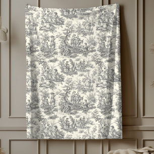 Couverture Polaire Vintage floral rétro noir toile de jouy flot