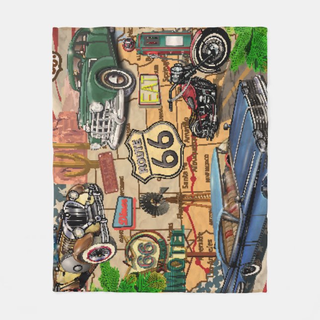 Couverture Polaire Vintage Route 66, affiche nostalgique. (Devant)