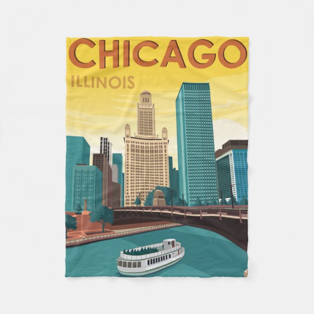 Couverture Polaire Vintage voyage Skyline de Chicago River (Devant)